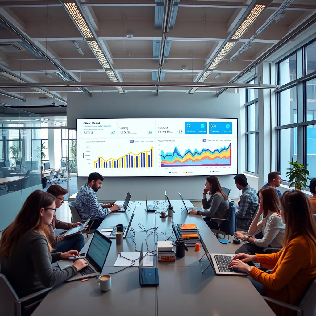 A panoramic view of a modern, bright office space with people collaborating and working on laptops. In the background, a large digital screen displays a course dashboard with analytics showing increasing student engagement and enrollment. The image should convey a sense of teamwork, efficiency, and rapid expansion.