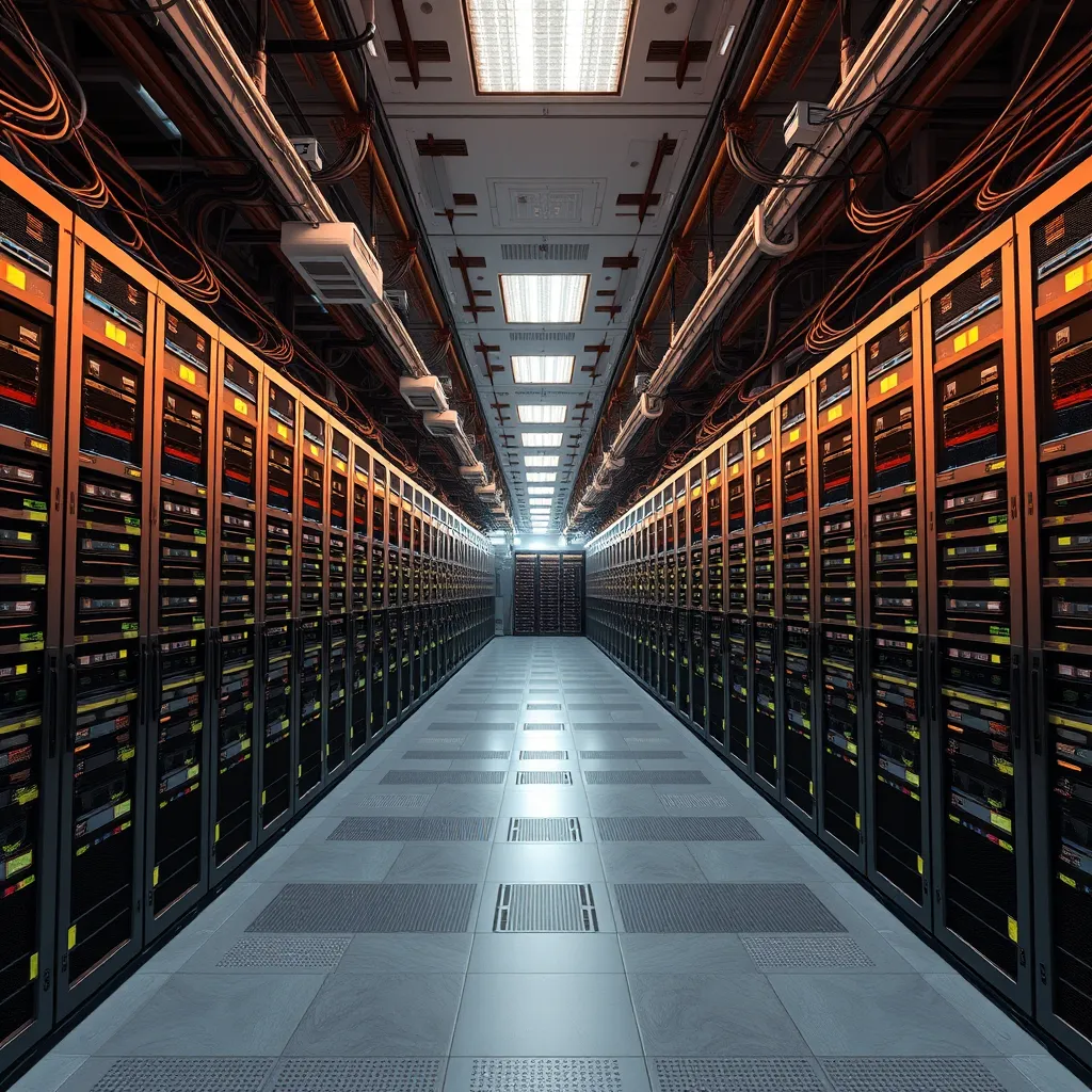 A panoramic view of a vast data center with rows upon rows of servers, all connected to a complex network of fiber optic cables. The image should have a warm, inviting tone, highlighting the reliability and security of the data storage. Include intricate details like air conditioning units, security cameras, and personnel monitoring the system, showcasing the robust infrastructure. Render the scene in a photorealistic style, emphasizing the scale and complexity of the data center.