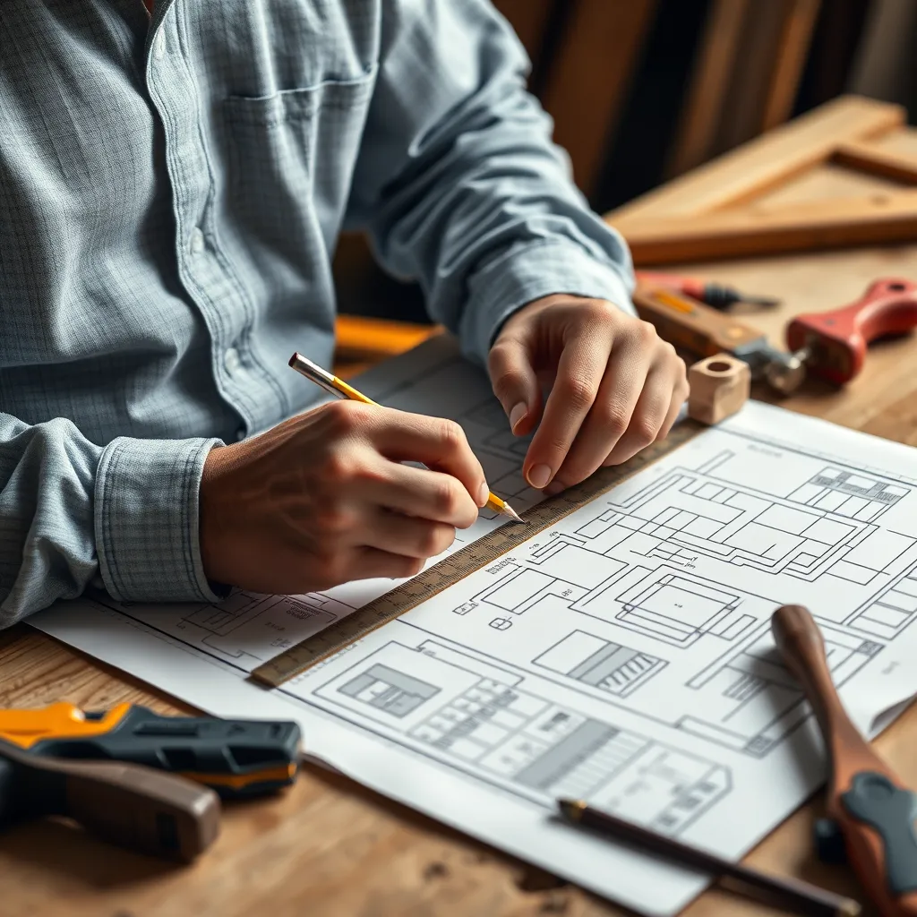 A person carefully following a woodworking plan, using a ruler to measure wood and a pencil to mark lines. The plan is displayed on a workbench, along with various tools, such as a saw, a hammer, and a drill.