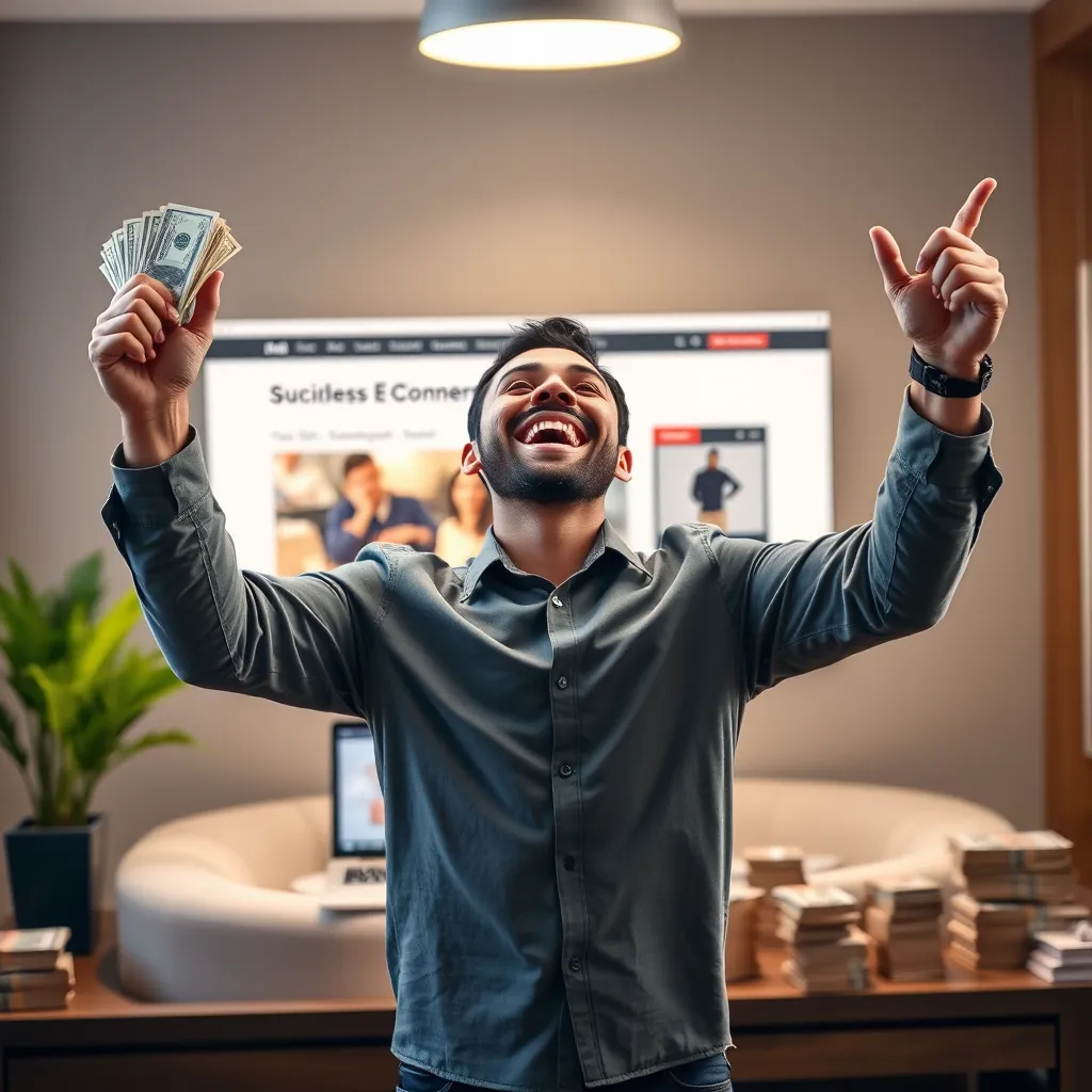 A person celebrating their success with a large stack of money, with a laptop displaying a successful e-commerce website in the background. The image should be bright and cheerful, conveying the joy and freedom of owning a profitable online business.