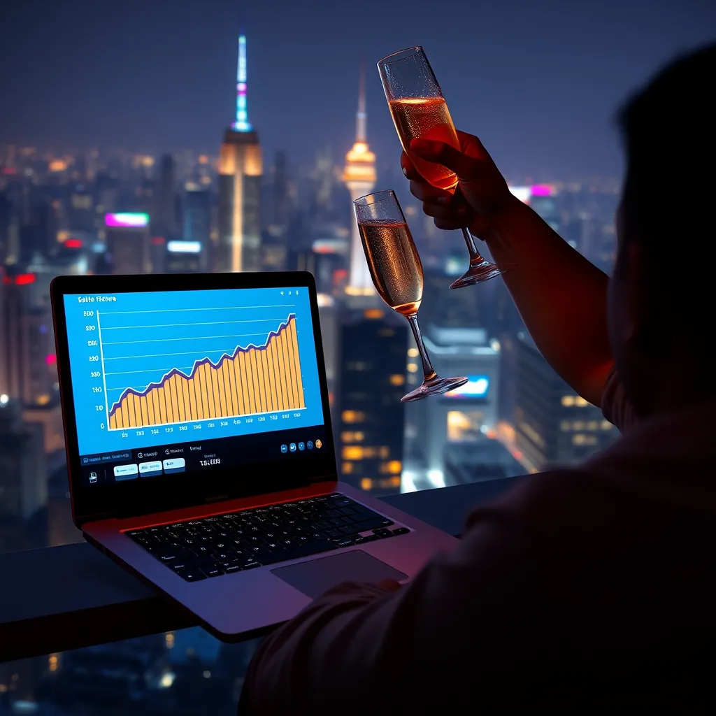 A person celebrating with a champagne toast, their laptop screen displaying a graph showcasing a steady increase in sales revenue. The background should depict a vibrant cityscape, symbolizing the immense potential for growth and success in the digital marketplace.