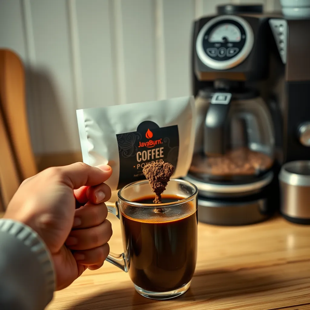A person holding a bag of JavaBurn Coffee powder, pouring a scoop into a mug filled with hot coffee. In the background, a kitchen setting with a coffee machine and other coffee accessories to portray a familiar daily routine.