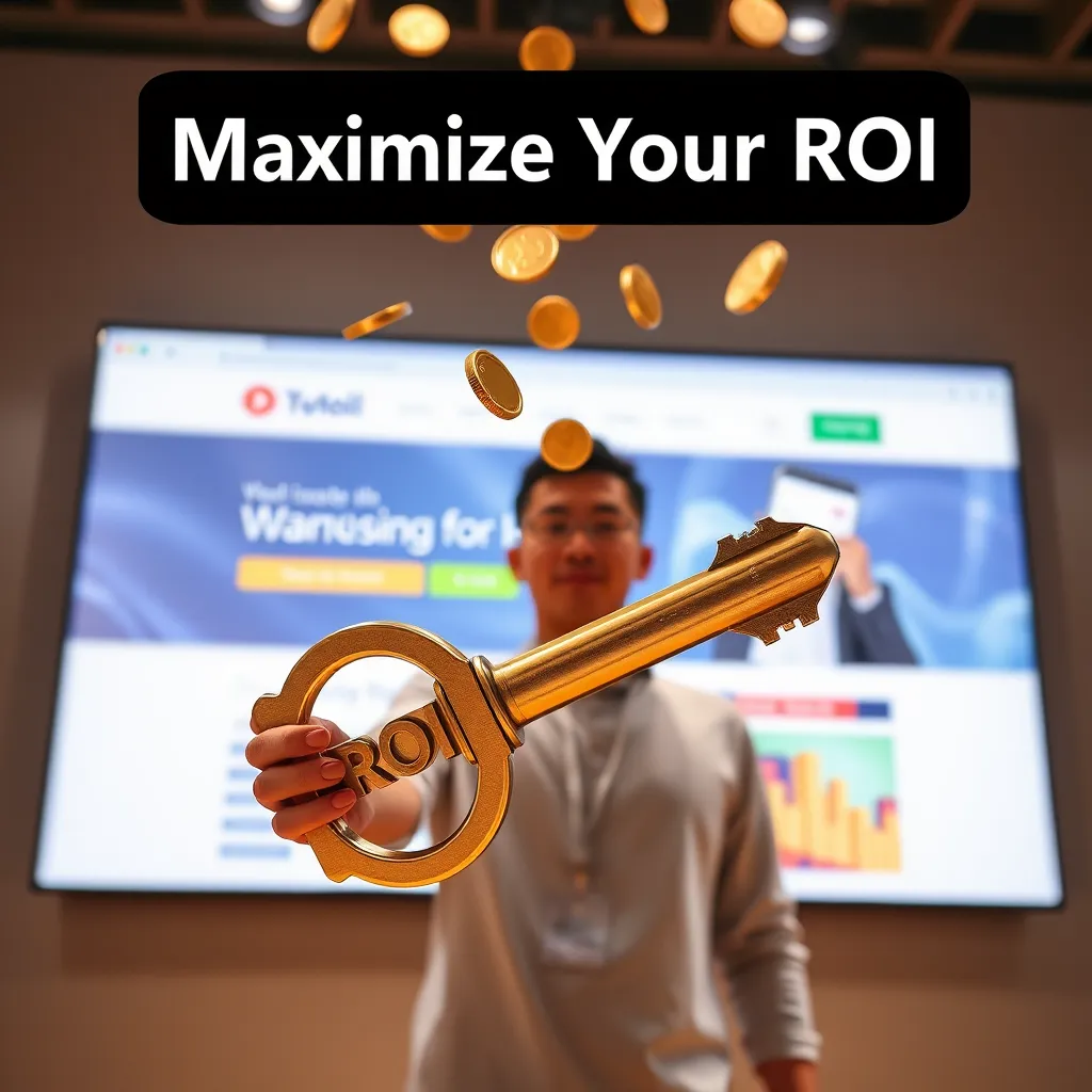 A person holding a large key labeled 'ROI' in front of a bright, modern website on a large screen, with a golden coin raining down on the screen, and a text bubble saying 'Maximize Your ROI' above the person.