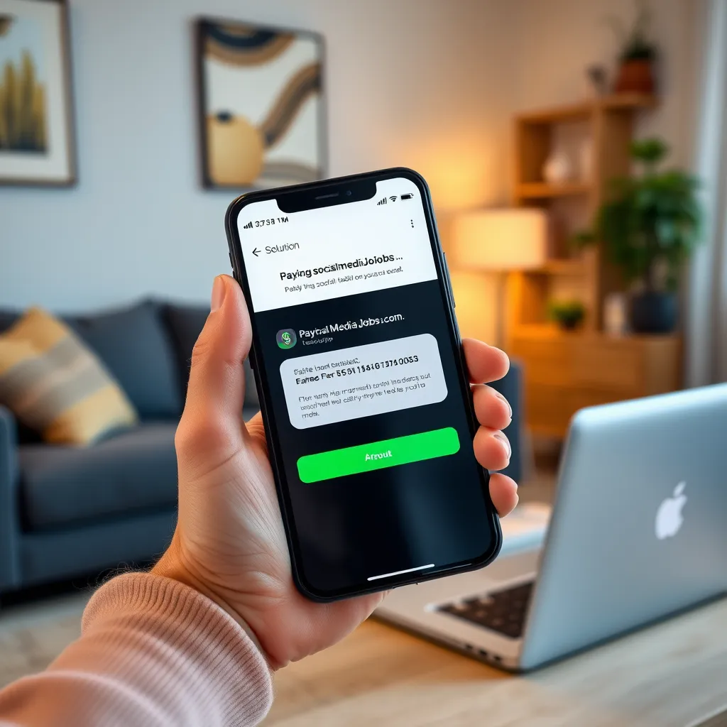 A person holding a smartphone with a notification showing a small monetary amount earned on PayingSocialMediaJobs.com. The background should depict a cozy living room with a laptop open, suggesting a comfortable environment for working on the platform.