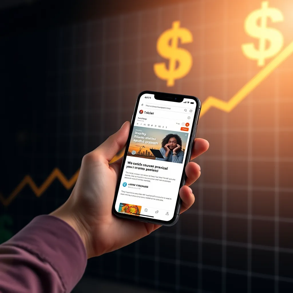 A person holding a smartphone, displaying a website with a course preview featuring attractive visuals and engaging text. The background shows a graph showcasing exponential growth with a large dollar symbol at the top. The scene should radiate success, excitement, and financial prosperity.