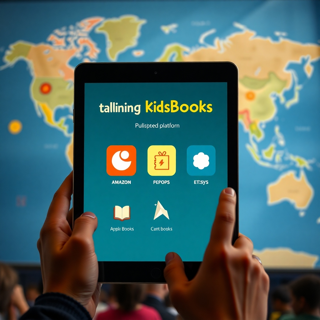 A person holding a tablet with a Talking KidsBooks app open, showcasing various platform icons like Amazon KDP, Apple Books, and Etsy.  The background should feature a map of the world with a global audience reading and interacting with the published books. The image should emphasize easy and widespread distribution.