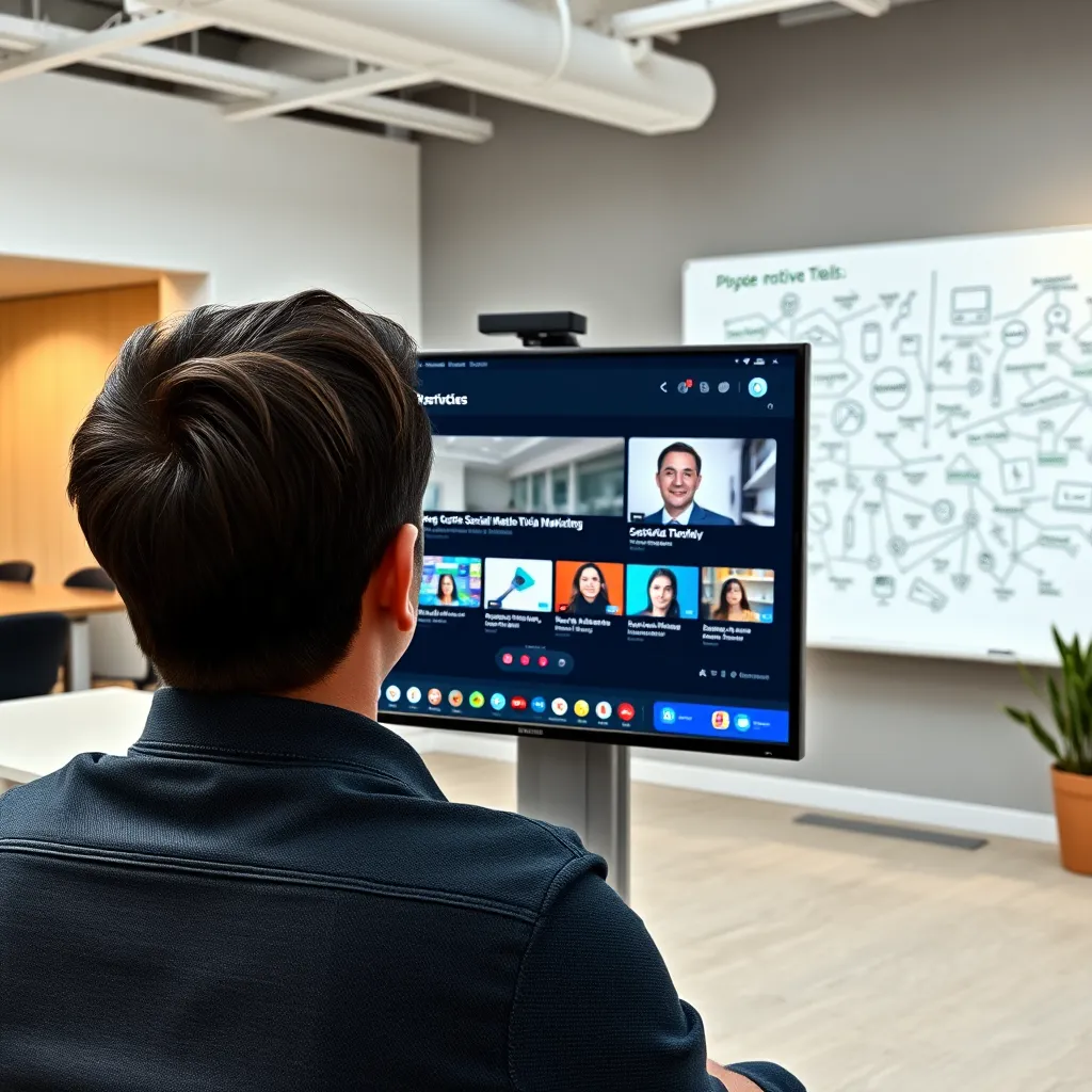 A person is attending a virtual social media marketing conference, engaging in a live Q&A session with an expert. The screen displays various resources such as articles, webinars, and tutorials related to social media marketing. The background is a modern office space with sleek furniture and a whiteboard filled with ideas, showcasing the abundance of learning opportunities available on the platform.