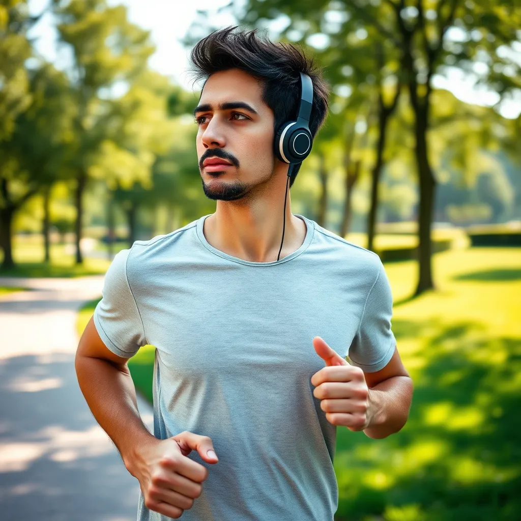 A person jogging through a park, wearing headphones and listening to an audio recording. The person is focused and determined, representing the ease of incorporating motivational audio into their daily activities. The background features vibrant park scenery with lush greenery and sunlight, suggesting an active and healthy lifestyle.