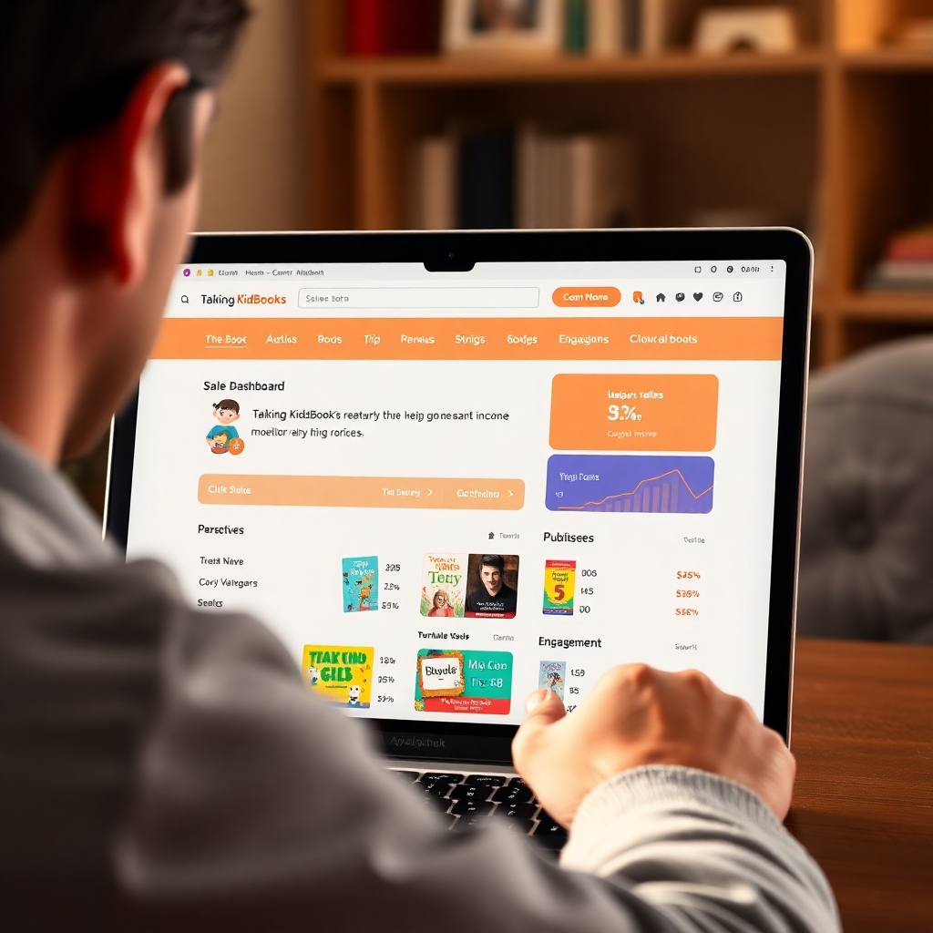 A person looking at a laptop screen displaying a sales dashboard of a Talking KidsBooks website. The dashboard shows positive sales data, revenue streams, and engagement metrics for various published books, highlighting the potential for passive income through this platform.