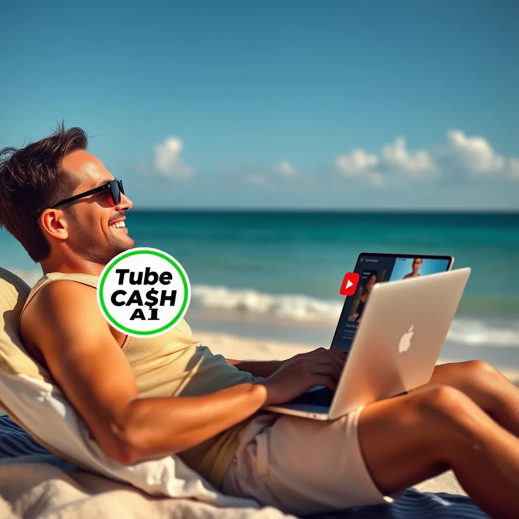 A person relaxing on a beach with a laptop on their lap, watching a screen showing a video playing with a Tube Cash AI logo in the corner. The person is wearing sunglasses and smiling, enjoying the sun and the income generated from the video.