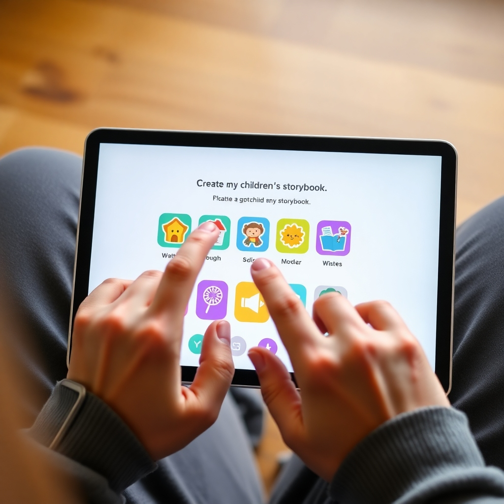 A person's hands interacting with a clean, user-friendly interface on a tablet. The screen displays colorful icons and simple controls related to creating a children's storybook. Soft, natural lighting. Focus on the hands and the tablet screen. 4K resolution.