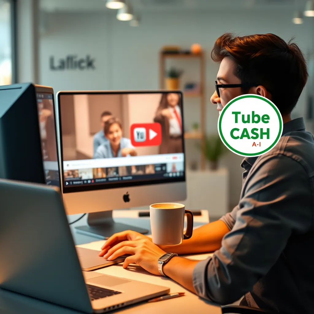 A person sitting at a computer, looking at a screen showing a viral video on YouTube, with a Tube Cash AI logo in the corner. The person is smiling and holding a cup of coffee, representing success and ease of use. The background is a modern office setting with a laptop, phone, and a notebook.