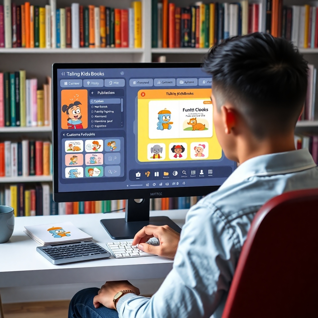 A person sitting at a computer with a user-friendly interface showing a Talking KidsBooks software. The screen displays a book preview with animated characters, and various options for customizing the book's content and style. In the background, a bookshelf filled with published talking kids books is visible.