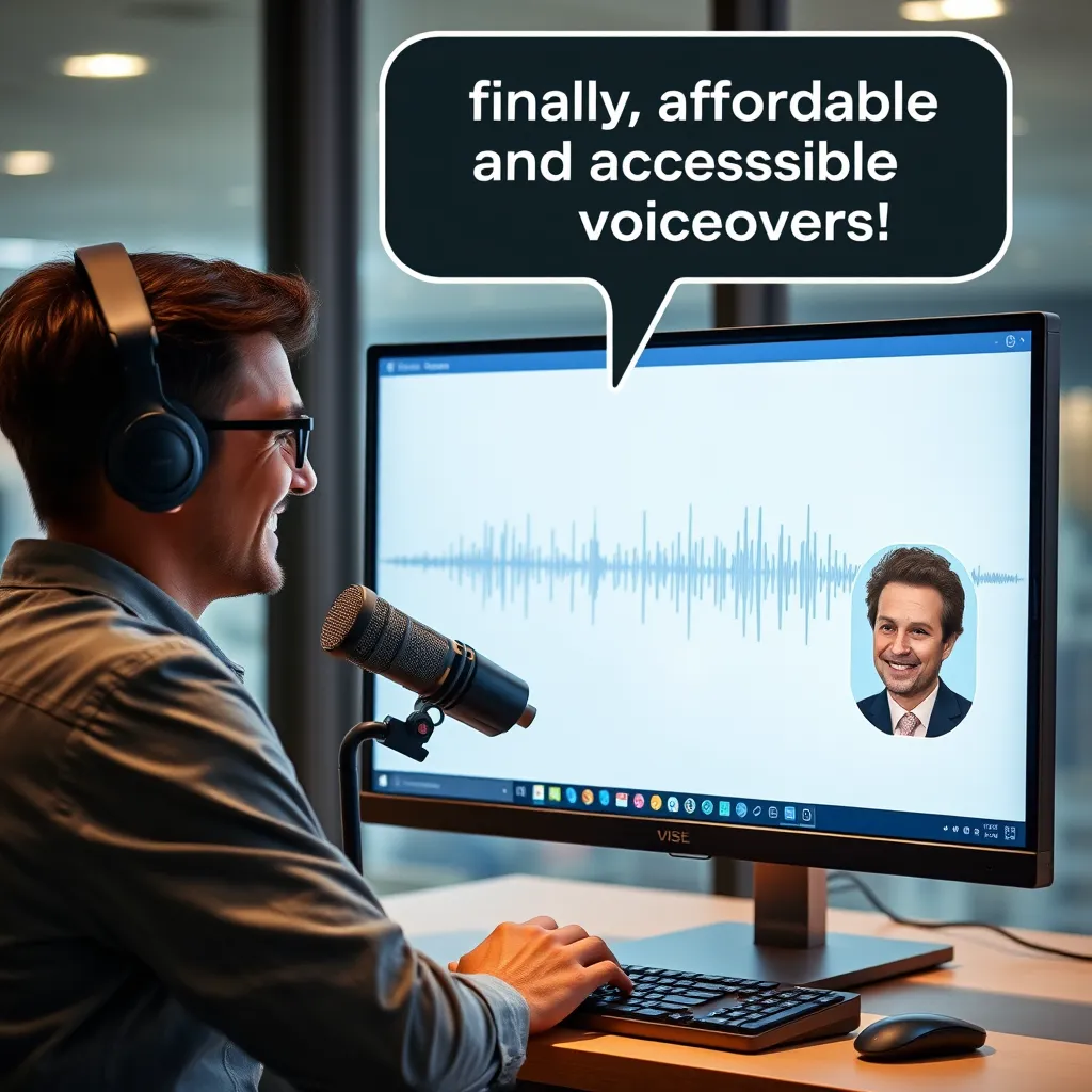 A person sitting at a computer, smiling, with a microphone connected to their computer. The background should be a modern office setting with a cityscape view outside the window. The person is looking at the computer screen, which shows a graphic of a voice waveform, and a picture of a smiling voice actor's head superimposed on the waveform. Above the screen, a speech bubble with a quote reads "Finally, affordable and accessible voiceovers!"