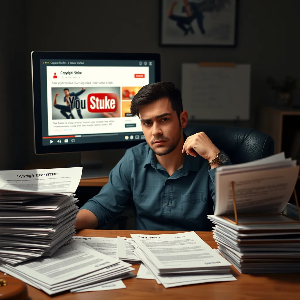  A person sitting at a computer with a worried expression, surrounded by legal documents and a stack of warning letters about copyright infringement. The screen displays a YouTube video with a copyright strike notification. 