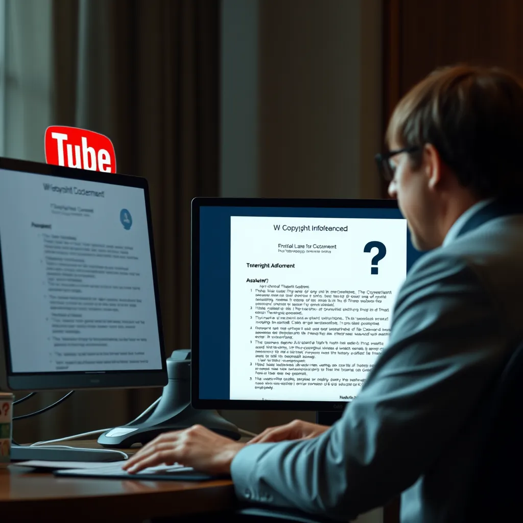 A person sitting at a computer, looking worried and confused. The screen displays a legal document related to copyright infringement.  A lawyer is explaining the complexities of copyright law. In the background, aTube Cash AI logo appears with a question mark, representing the uncertainty and potential risks.