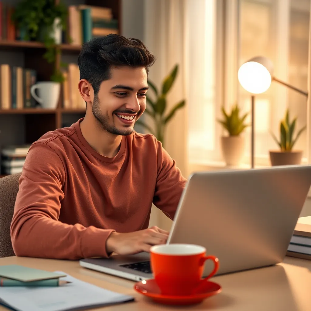 A person sitting at a desk, smiling and looking at a laptop screen. The screen shows a notification that a sale has been made on their digital product e-commerce website. The background shows a home office environment with books, plants, and a coffee cup.