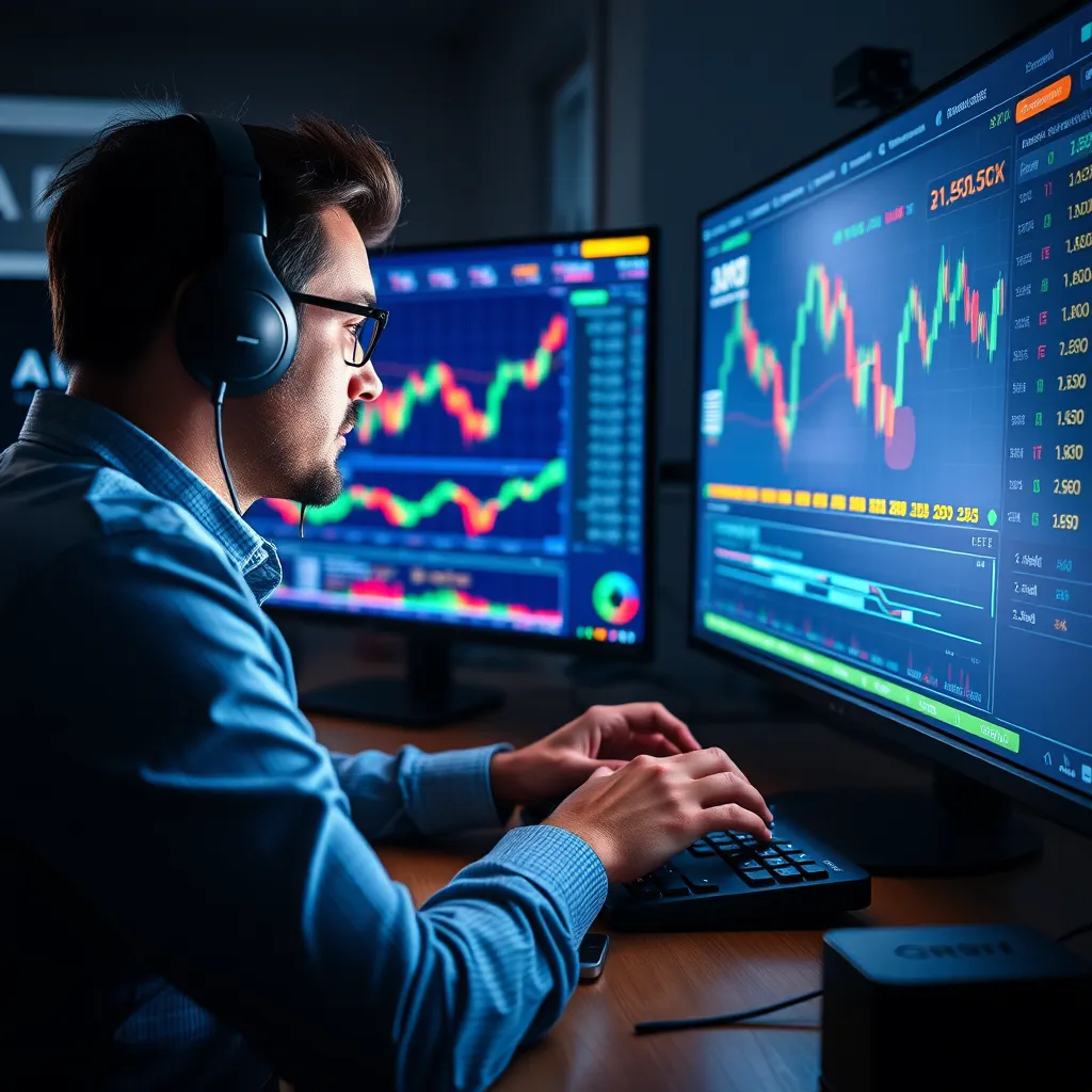 A person sitting at a desk, wearing headphones, intently observing a live trading session on a large monitor. The screen displays dynamic financial charts and data, with the person's hands hovering over a keyboard, ready to act quickly based on the market information. The image should be filled with a sense of action, focus, and the potential for success in the trading world.