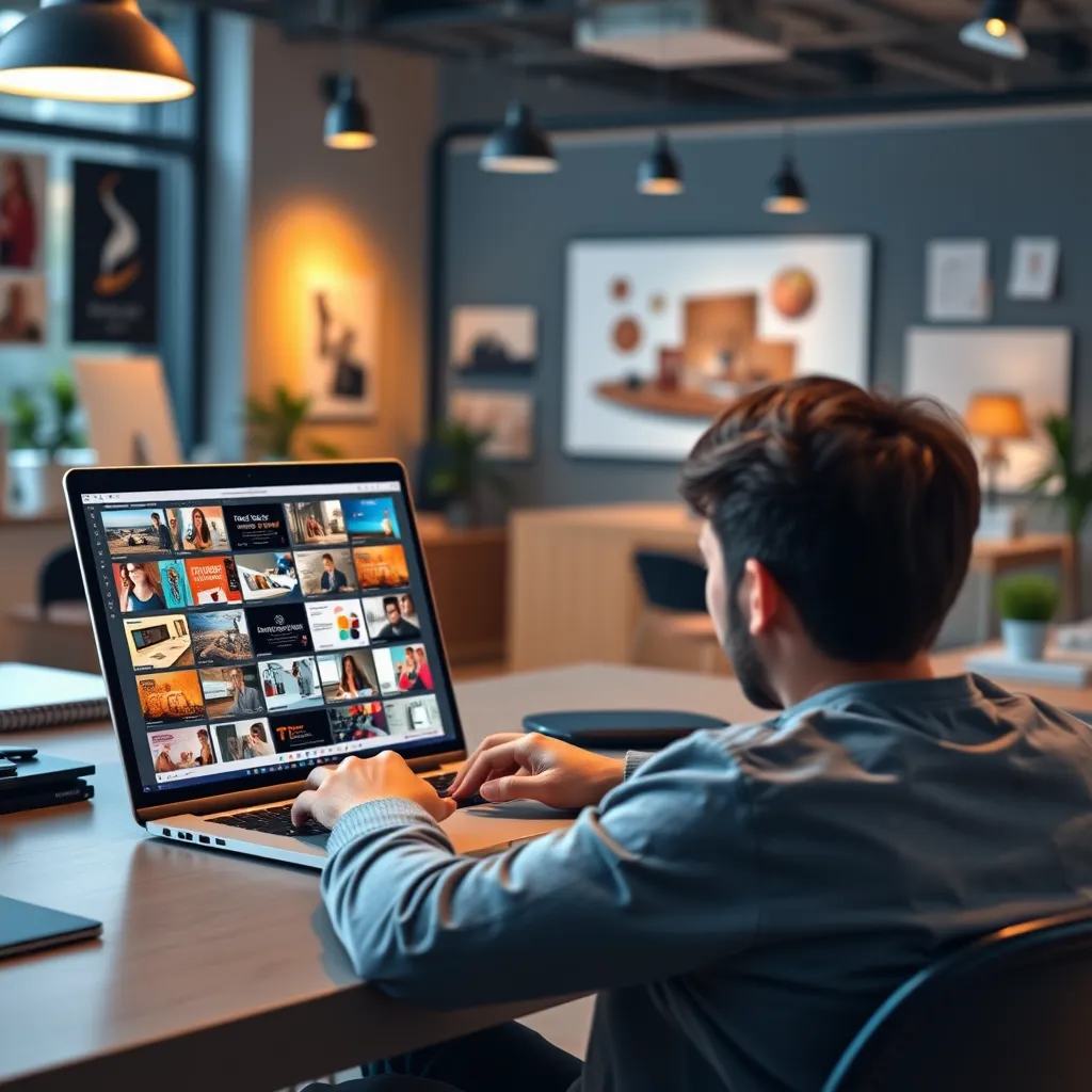 A person sitting at a desk with a laptop open, using a design software to create a marketing flyer. The screen displays a vast selection of high-quality images, graphics, and templates. The background should be a modern, creative workspace with a sense of inspiration and productivity.