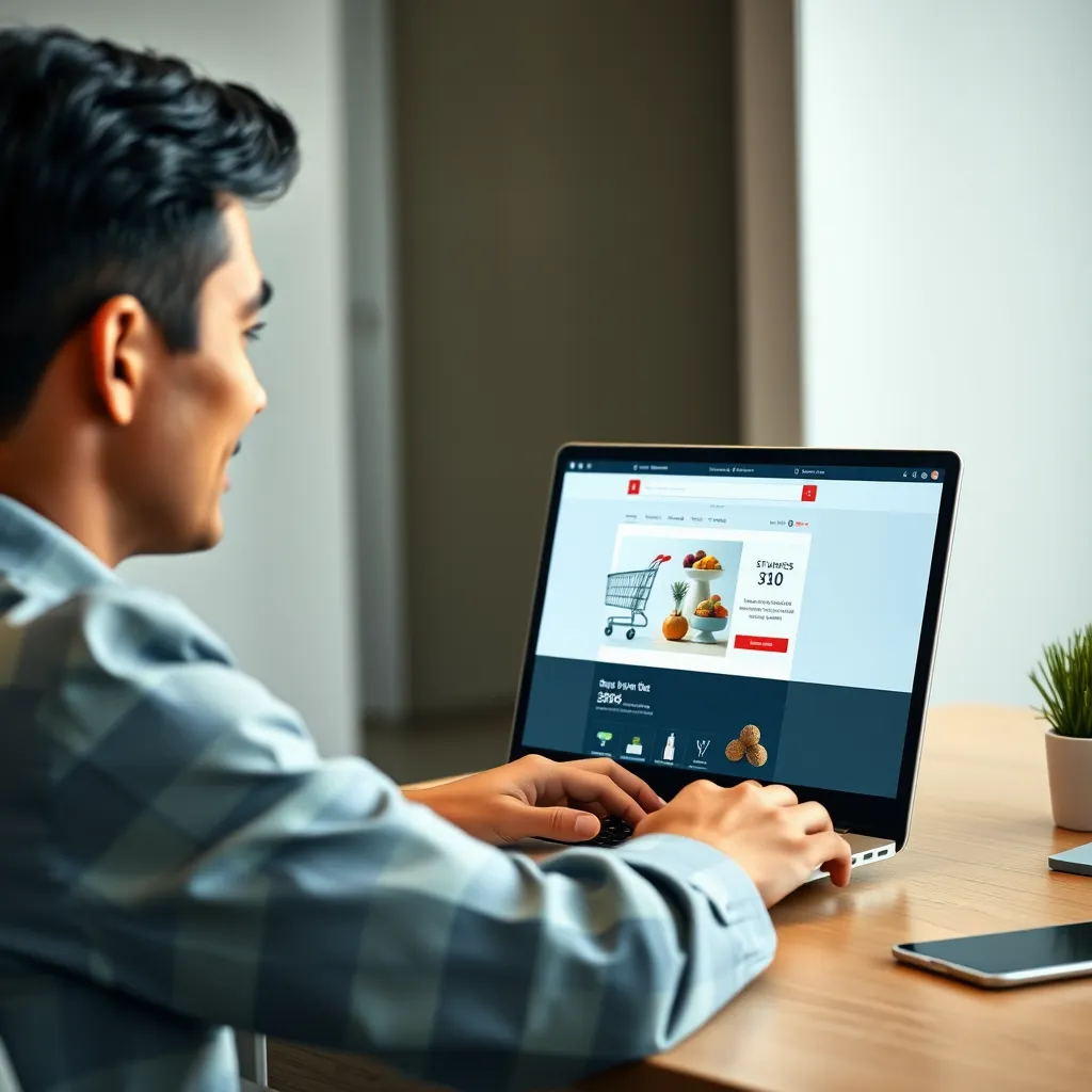 A person sitting at a desk with a laptop open, showcasing a website with a shopping cart. The person has a relaxed expression and is focusing on the screen, representing a stress-free environment. The background is a minimalist office setting.