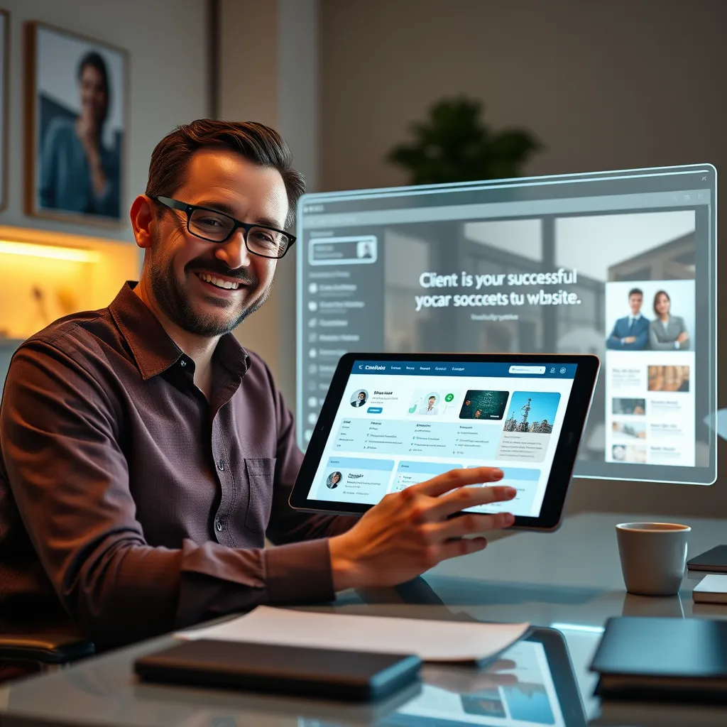 A person sitting at a desk with a tablet displaying a dashboard with a timeline, client profiles, and project updates. The person is smiling and using the tablet with ease, while a holographic projection of a client's website displays in the background, highlighting their successful collaboration.
