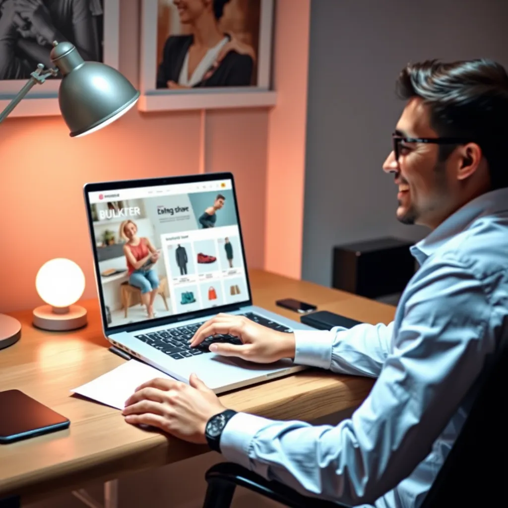 A person sitting at a desk with a laptop, easily navigating through a website builder interface. The screen displays a mockup of a beautifully designed online store with customizable elements. The person is smiling, indicating a positive and user-friendly experience.