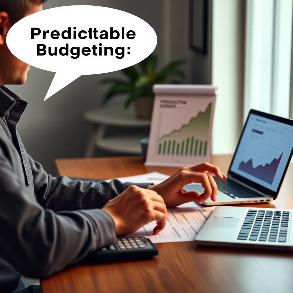 A person sitting at a desk with a calculator and a financial spreadsheet, next to a laptop displaying a website design, with a graph showing a steady upward trend and a text bubble saying 'Predictable Budgeting' above the person.