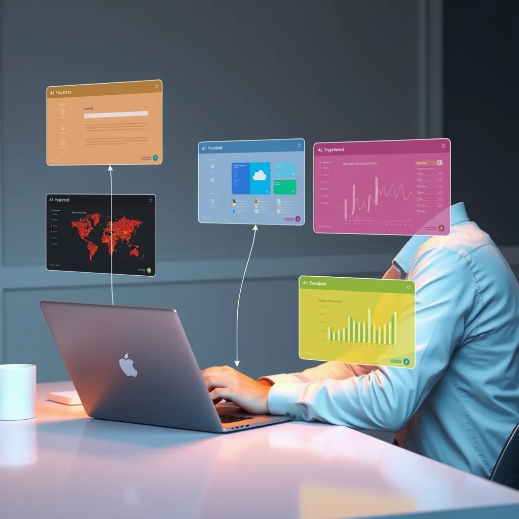 A person sitting at a desk with a laptop, seamlessly switching between different AI-powered tools for writing, image editing, and data analysis. The tools appear as floating windows, each with a distinct color representing a different AI model.