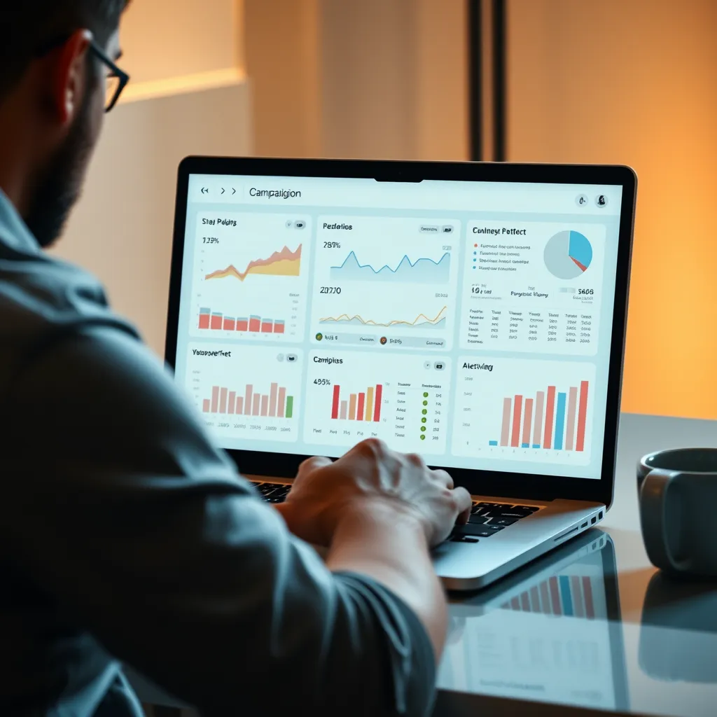 A person sitting at a laptop, easily navigating a clean and intuitive interface of a campaign management platform. The screen displays graphs, charts, and data points related to campaign performance, showcasing the platform's user-friendliness and data-driven insights.