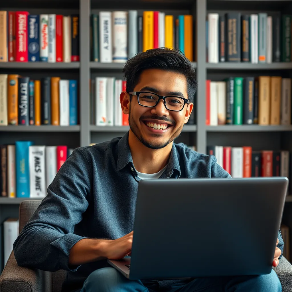 A person sitting at a laptop with a bright, cheerful expression. On the screen, a simplified, user-friendly interface of The Click Engine platform. In the background, a bookshelf with various self-help and business development books.