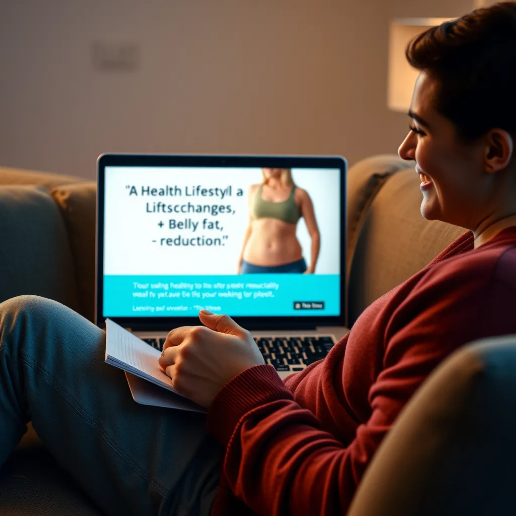 A person sitting comfortably on a couch, watching a video on a laptop screen. The screen displays a motivational video about healthy lifestyle changes and belly fat reduction. The person is smiling and taking notes, indicating their engagement and commitment to learning.