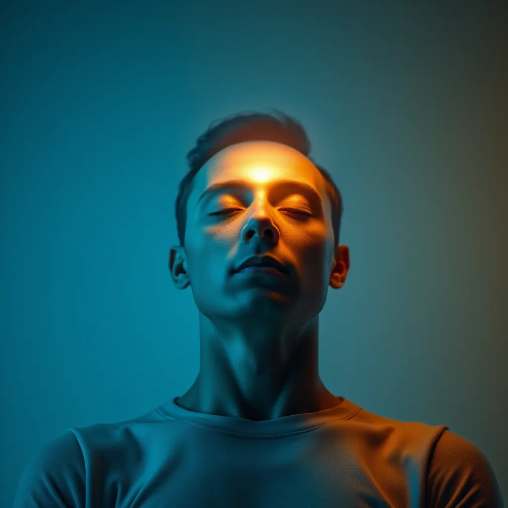 A person sitting in a relaxed pose, eyes closed, with a vibrant, pulsing light emanating from their forehead, directly above the pineal gland.  The light should be a mix of calming blue and energizing gold, representing the activation of the gland.  The person's expression should be serene and contemplative, reflecting the deep state of relaxation.