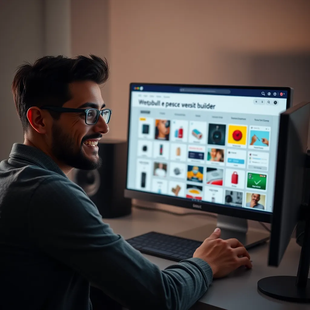 A person sitting in front of a computer, customizing a pre-built e-commerce website. The screen displays a website builder interface with various customization options, including product listings, layout design, and color schemes. The person should have a confident and excited expression.