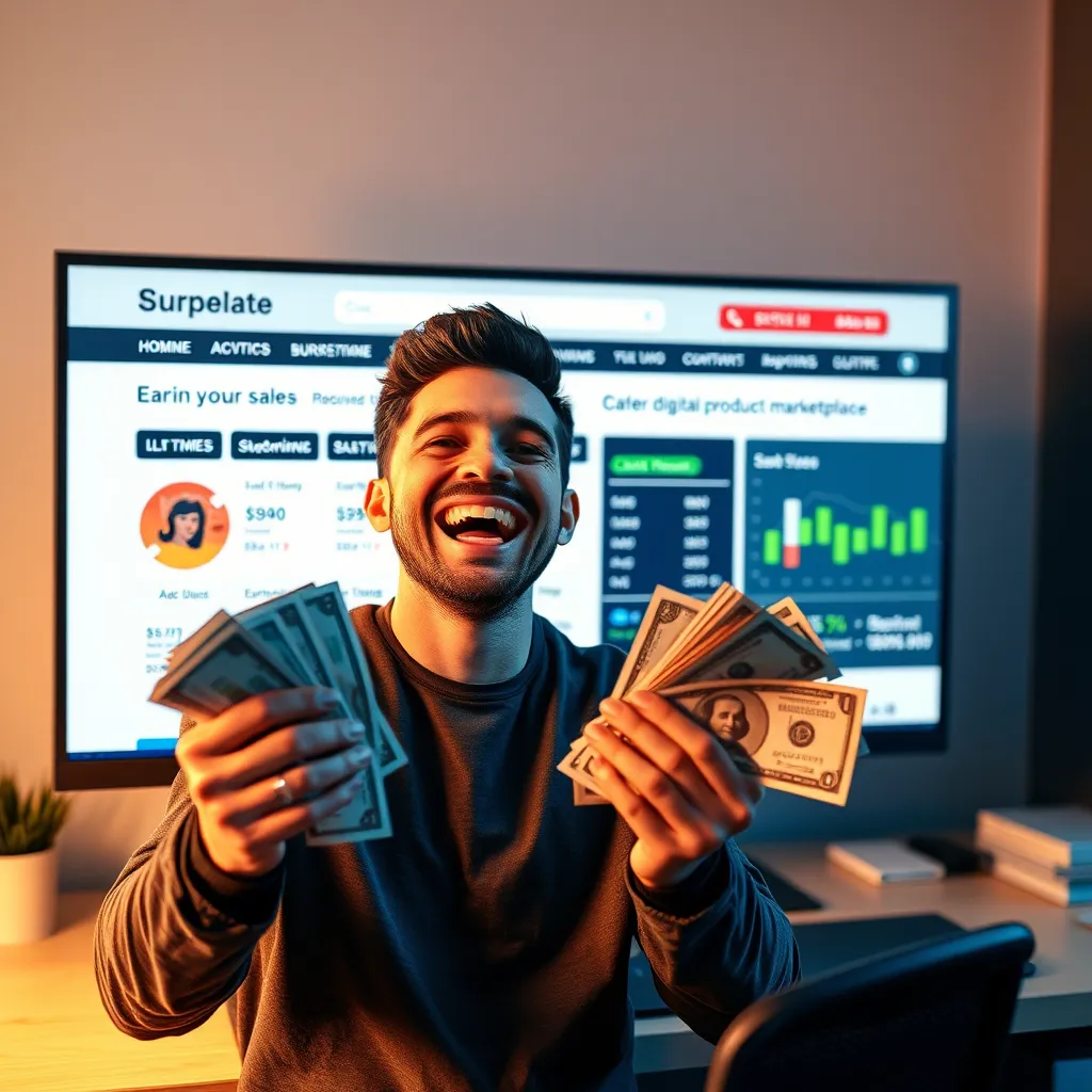 A person smiling and celebrating, holding a stack of money, in front of a large computer screen displaying a website showcasing successful sales and earnings. The scene conveys the joy and financial benefits of owning and running a digital product marketplace.
