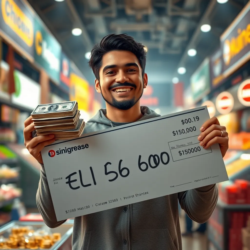A person smiling and holding up a large stack of money, a pile of gold coins, and a giant check with a large amount written on it, all in front of a backdrop of a bustling online marketplace