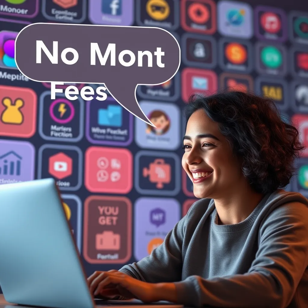 A person smiling and looking at their laptop, with a background of colorful icons representing website features and a large text bubble saying 'No Monthly Fees' above them.