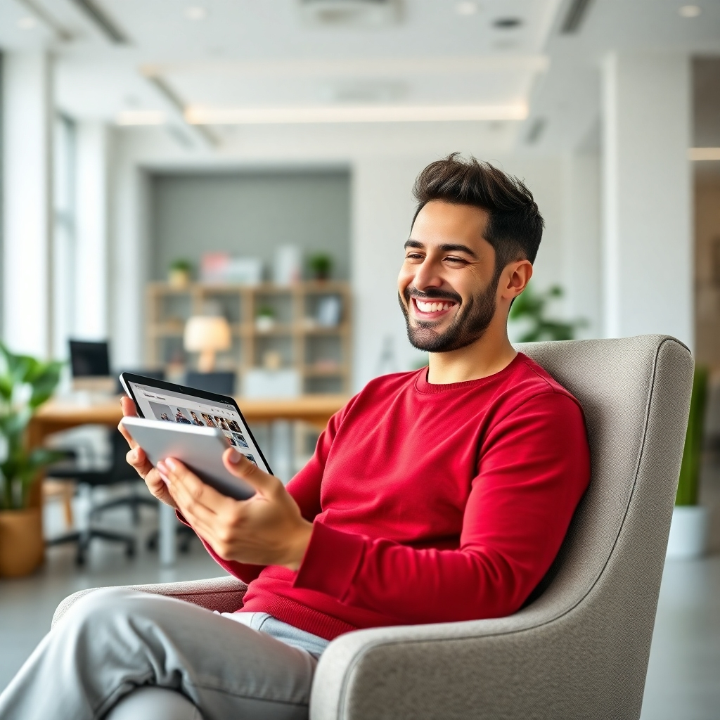 A person smiling and looking relaxed, sitting in a comfortable chair, using a tablet to easily create videos. The screen shows a clean and intuitive interface with AI-powered video creation tools. The background is a bright, airy office space with minimalist design. The style is photorealistic, emphasizing ease of use and user satisfaction.