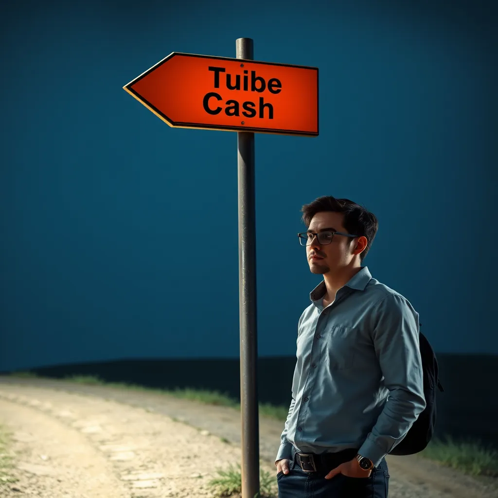  A person standing at a crossroads, with a sign pointing to "Tube Cash AI" on one path and "Independent Research" on the other path. The person is holding a magnifying glass and examining the signs carefully, with a thoughtful expression on their face.