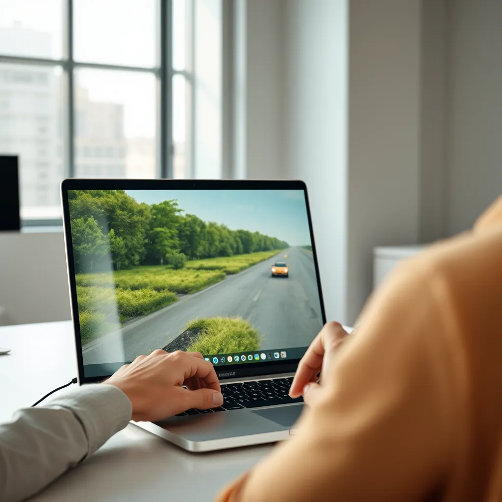A person using a laptop, watching a high-definition video stream that loads instantly. The video is clear and smooth, showcasing the benefits of fast media delivery. The laptop is placed on a desk in a modern, minimalist office environment, with natural light streaming in from a window.