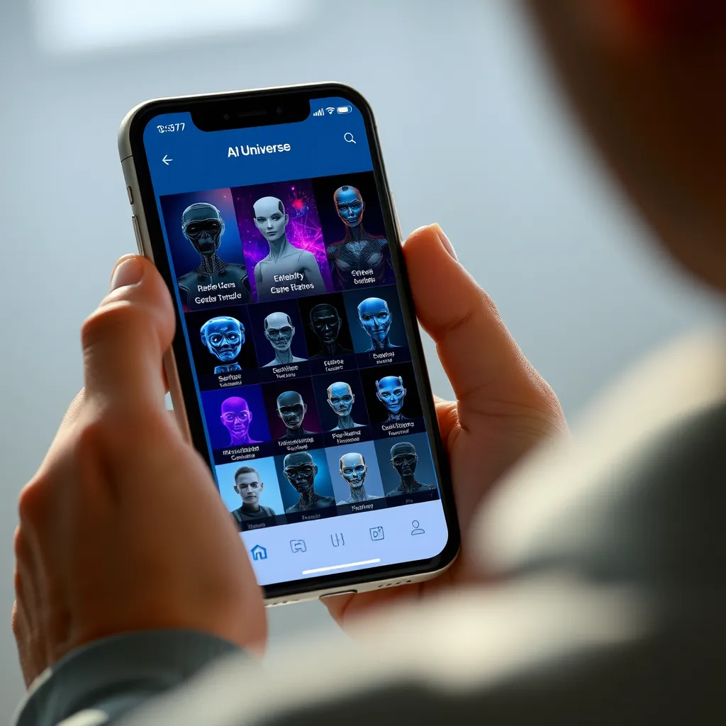 A person using a smartphone with AI Universee app. The screen displays various AI models in a grid with customizable settings. Each model has its own unique visual style, representing diverse capabilities. The user is interacting with the models, creating a personalized AI experience.