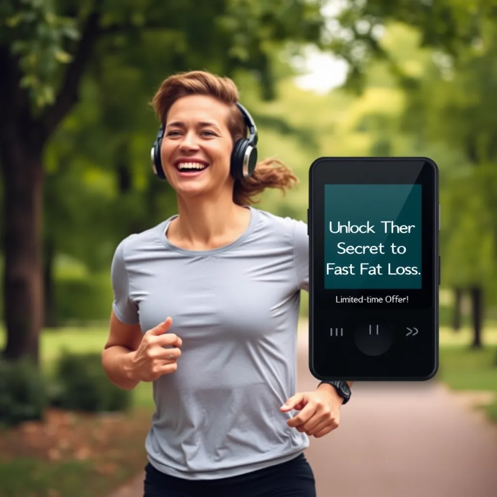 A person wearing headphones is jogging in a park, surrounded by lush greenery. The person is smiling and exuding confidence. The image should convey a sense of energy, movement, and motivation.  In the background, a sleek MP3 player is displayed with the text 'Unlock the Secret to Fast Belly Fat Loss: Limited-Time Offer!' on the screen.