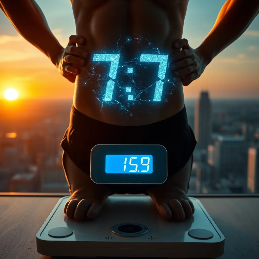 A person with a flat stomach, wearing workout clothes, standing on a scale with a digital display showing a lower weight. They are surrounded by a glowing, abstract representation of time, symbolizing the acceleration of their progress. In the background, a cityscape fades into a sunrise, representing a fresh start and a brighter future.