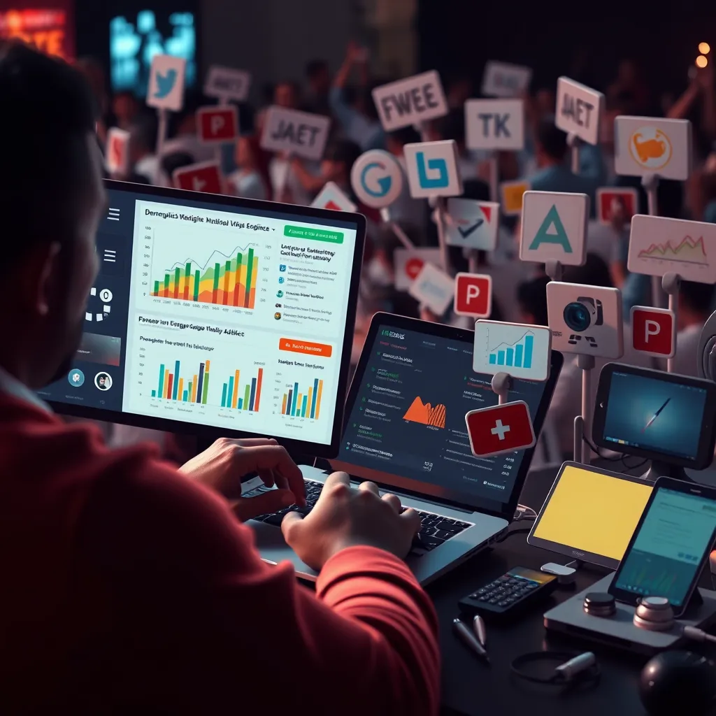 A person with a laptop, analyzing data on a screen showing demographics and engagement metrics. They are surrounded by various advertising and marketing tools, symbolizing the monetization opportunities of a large and engaged audience.
