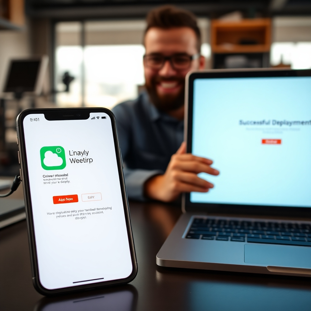 A phone displaying an app store download page for a newly released app, next to a tablet showing the same app running smoothly.  In the background, a developer is smiling and looking at a laptop screen showing successful deployment confirmation. High resolution, photorealistic style, warm lighting