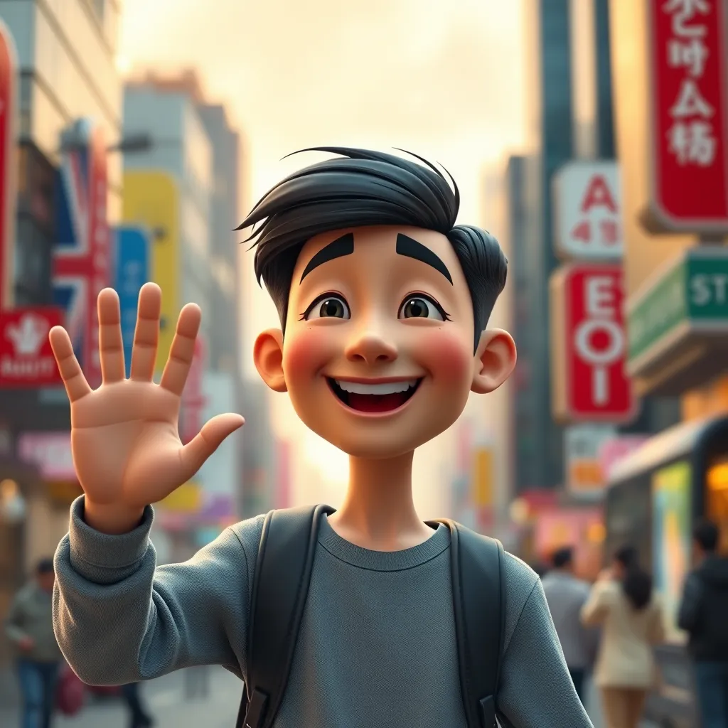 A photo of a person smiling and waving, transformed into a talking animated video with realistic hand and body movements, set against a vibrant city backdrop. The animation should be smooth and natural, showcasing the expressiveness of the AI technology. 