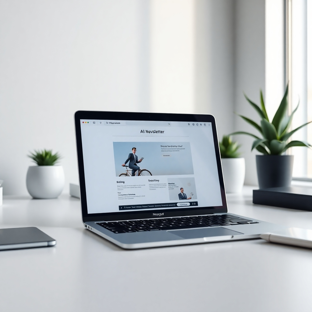 A photorealistic, 8K resolution image depicting a clean, modern workspace. Soft diffused lighting illuminates a laptop screen showcasing a sophisticated newsletter template being designed with AI-powered tools.  The color palette is calming and professional, using shades of blue, gray, and white.  The laptop is slightly angled towards the viewer, with subtle reflections visible on the screen.  The background includes minimalistic decor, such as a sleek desk organizer and a few potted plants.  The overall mood is one of calm productivity and technological advancement. The image should have a shallow depth of field, focusing sharply on the laptop screen. The texture of the laptop, desk, and plants should be highly detailed and realistic. The style should emulate the clean and sophisticated aesthetic of Apple product photography.  The image should exude a sense of effortless efficiency and success. The camera angle is slightly elevated, looking down at the laptop.  Include subtle details like the reflection of a window in the screen, hinting at a bright office environment.  The image should be hyperrealistic and ultra-detailed, emphasizing the glossy texture of the laptop and the soft texture of the plants.  The scene should be quiet and inviting, promoting a sense of calm and productivity.  In the style of Annie Leibovitz, focusing on the details and mood.