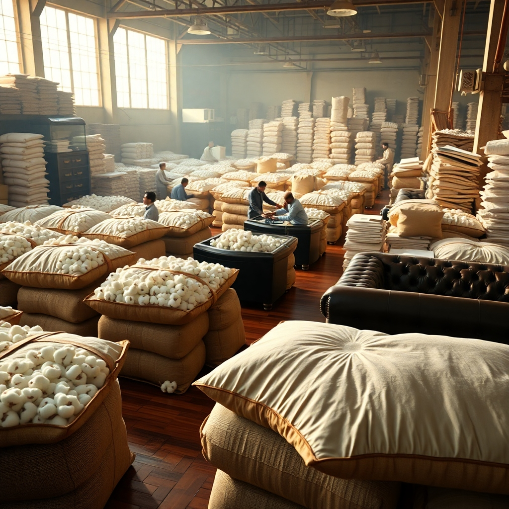 A photorealistic, 8K resolution image depicting a bustling cotton trading floor in Mumbai, India.  The scene is filled with bales of raw cotton, meticulously organized and illuminated by soft, diffused natural light streaming through large windows.  The color palette is warm and earthy, with the creamy whites and browns of the cotton contrasting against the rich textures of polished wooden floors and dark leather furniture.  The camera angle is slightly elevated, providing a comprehensive view of the activity.  Details include the textures of the cotton fibers, the intricate stitching of the burlap sacks, and the subtle sheen of the polished wood.  In the background, subtly visible, are stacks of documents and busy brokers engaging in negotiations. The mood is one of confident professionalism and trust.  The overall style is reminiscent of the work of Steve McCurry, capturing the vibrant energy of the scene while highlighting the quality of the product.  Focus is sharply defined throughout.  The image should exude a feeling of reliability and high-quality product, with warm, inviting lighting creating an atmosphere of trust and efficiency. The composition should highlight the volume of cotton and the careful organization, emphasizing quality and efficiency.
