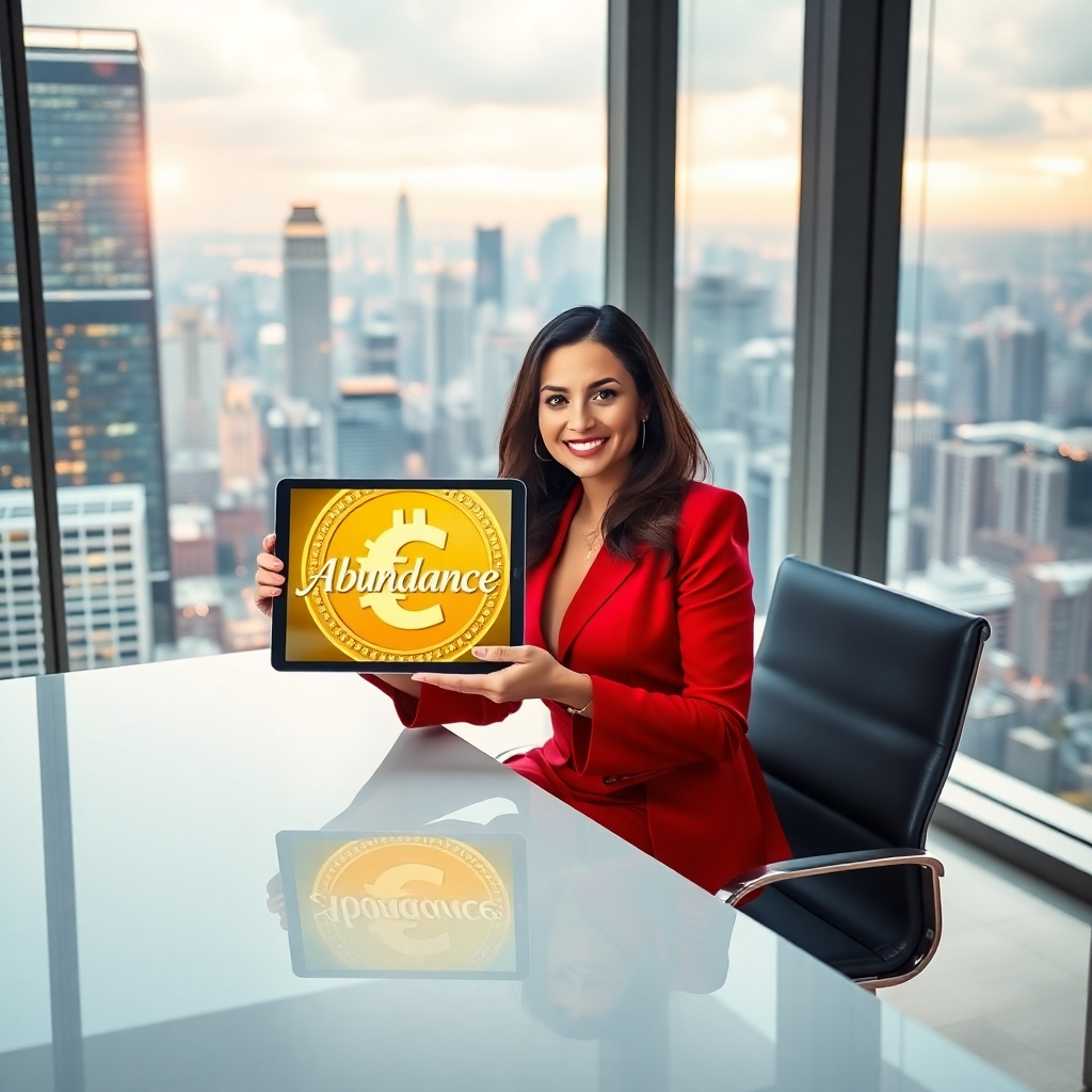 A photorealistic, high-resolution image of a confident woman seated at a sleek, modern desk. The desk is positioned in a spacious office with floor-to-ceiling windows overlooking a bustling cityscape. She is dressed in a stylish, empowering outfit in a strong, commanding color like red or navy blue. The woman has a focused yet friendly expression, radiating positive energy and a sense of determination. She holds a tablet, displaying a visualization of a large, glowing coin with the word 'Abundance' inscribed on it. The cityscape behind her is vibrant and dynamic, symbolizing the potential for limitless possibilities. The image conveys a powerful message of confidence, success, and the ability to manifest your financial desires.