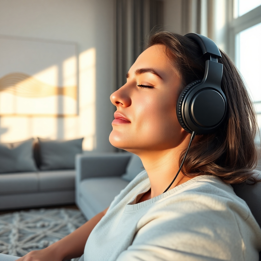 A photorealistic, high-resolution image of a person wearing headphones, eyes closed, sitting comfortably in a contemporary living room. Sunlight streams through a large window, creating warm, diffused lighting. The person's face is relaxed and serene, subtly hinting at a sense of calm and focused concentration. The room is minimalistic and calming, with a neutral color palette of muted blues, grays, and whites. Soft textures like plush rugs and velvet cushions contribute to a sense of comfort and luxury. The background features a subtle, minimalist art piece depicting a stylized wave pattern in metallic gold, subtly suggesting the theme of 'Money Wave'. The image exudes a sense of tranquility and empowerment, highlighting the transformative potential of the Deep Theta Soundwave.