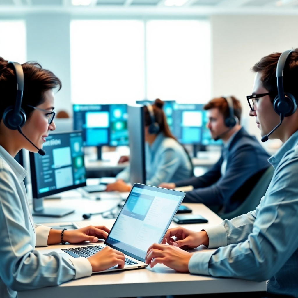 A photorealistic, ultra-high definition (8K) image showcasing a help desk support team working collaboratively in a brightly lit, modern office.  The color palette is calming and professional, using soft blues and greens.  The lighting is soft and diffused, emphasizing the collaborative nature of the team. The camera angle is slightly elevated, offering a comprehensive view of the workspace. The scene includes multiple monitors displaying various communication channels (chat, email, tickets) and a diverse team of experts working diligently.  The textures and materials include the smooth surfaces of the desks and monitors, the subtle texture of fabrics in the furniture, and the polished feel of the technological devices.  Props could include laptops displaying support tickets, headsets, and communication software interfaces.  The background is subtly blurred, with a suggestion of a wider office environment. The overall mood is reassuring, professional, and supportive. The image style is similar to a high-end corporate brochure or marketing material.  Technical specifications include hyperrealistic rendering and ultra-detailed textures to convey professionalism and trustworthiness.